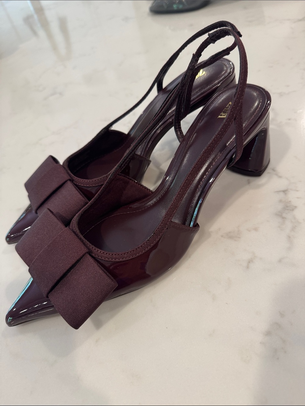 ZARA Burgundy Pointed Patent Slingback Heels with Bow - Picture 4 of 6